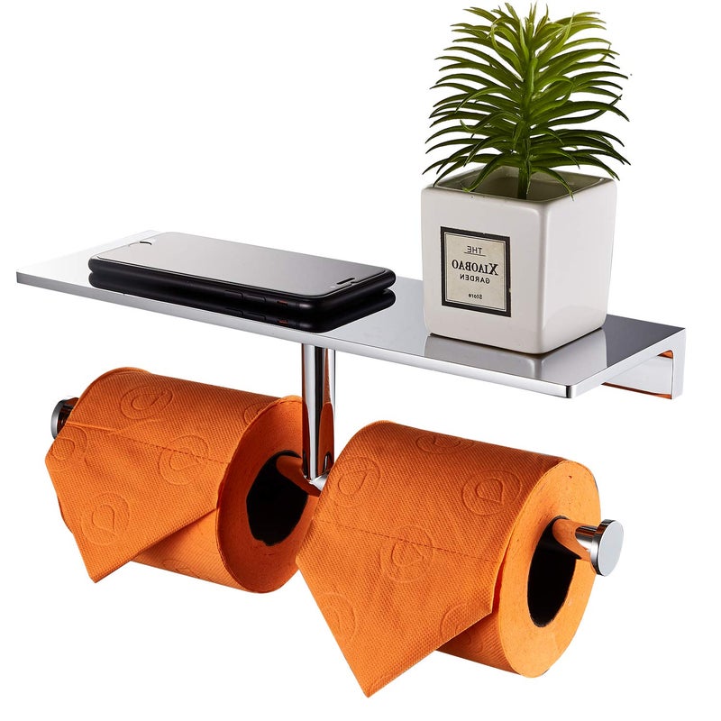 LANGPAI Double Roll Toilet Paper Holder with Shelf Solid Brass and Superior Hotel Style Tissue Dispenser Spared Storage Polished Chrome Finish - Image 2